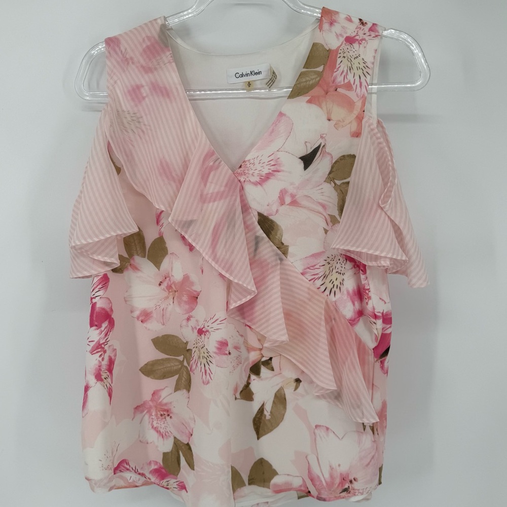 Calvin Klein Pink Ruffled Floral Tank Blouse Small Coquette Office wear Vacation